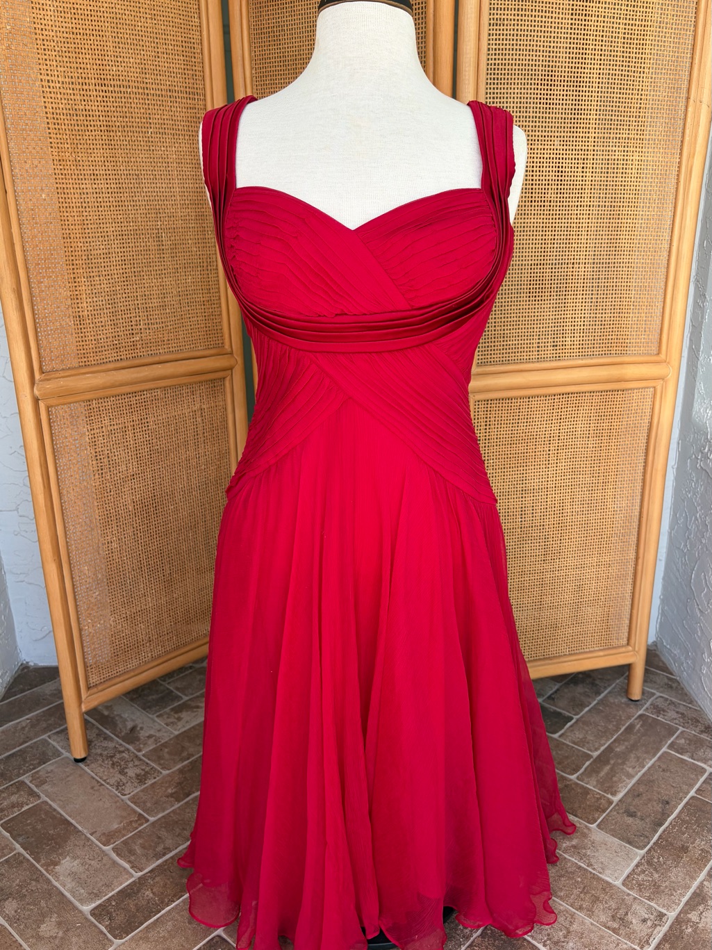 Tadashi Red 100% Silk Chiffon Cocktail Dress Babydoll Fairy Ruched Party Midi